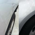 Paintless dent removal before and after above a tire