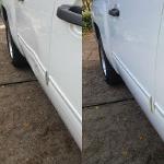 Before and After photo of paintless dent repair on a white van