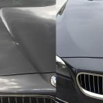 Paintless dent repair done on the hood of a BMW