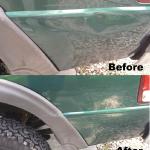 Green truck before and after repaired with paintless dent removal