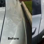 Siding of a silver car fixed with paintless dent repair 