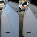 Silver car side repaired with paintless dent repair 